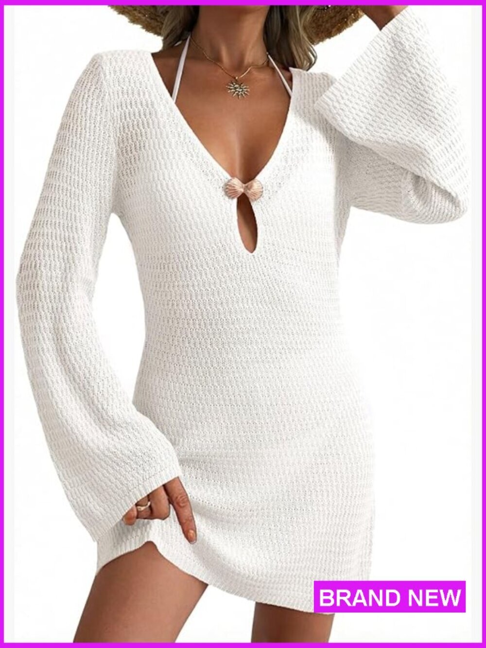 Crochet Knit Beach Cover Up Dress Deep V Neck Bell Sleeve Loose Fit Summer